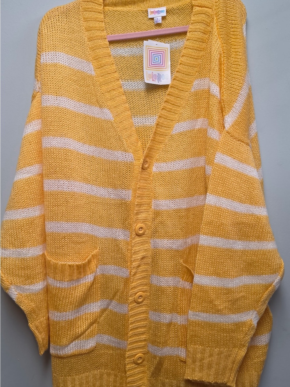 LuLaRoe Yellow and White Striped Button-Up Cardigan